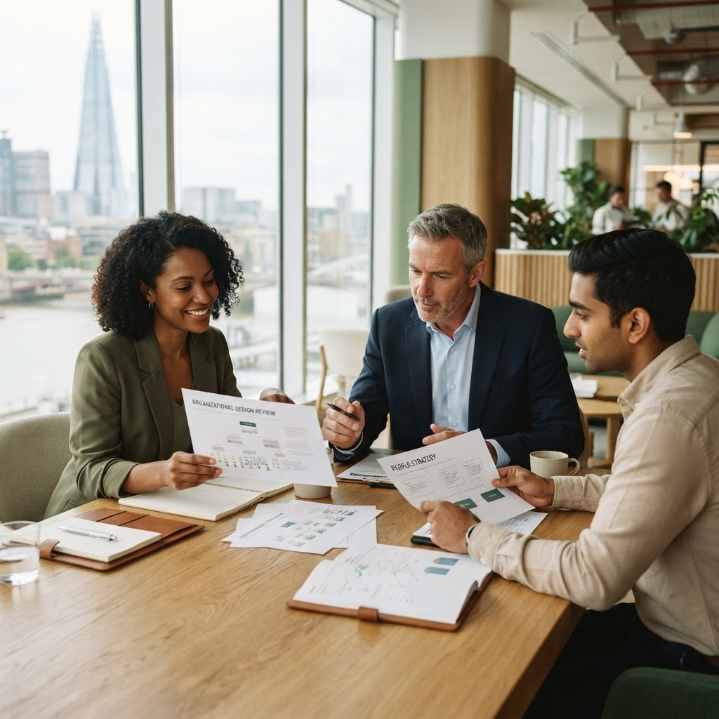 Business leaders reviewing people-strategy documents in a modern boardroom