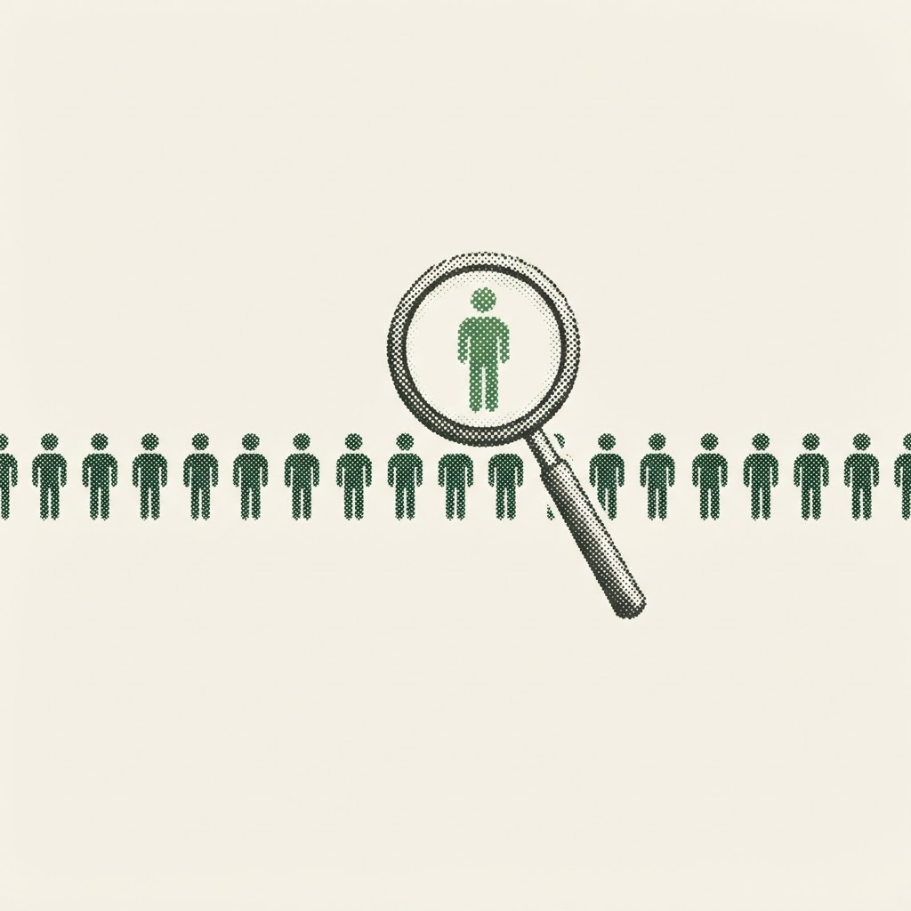 Halftone illustration of a magnifying glass highlighting one professional among many, representing rigorous vetting